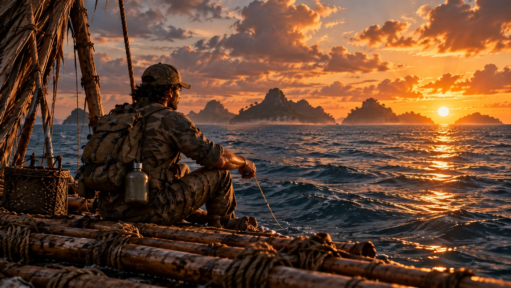 Survivor on a raft at sunset