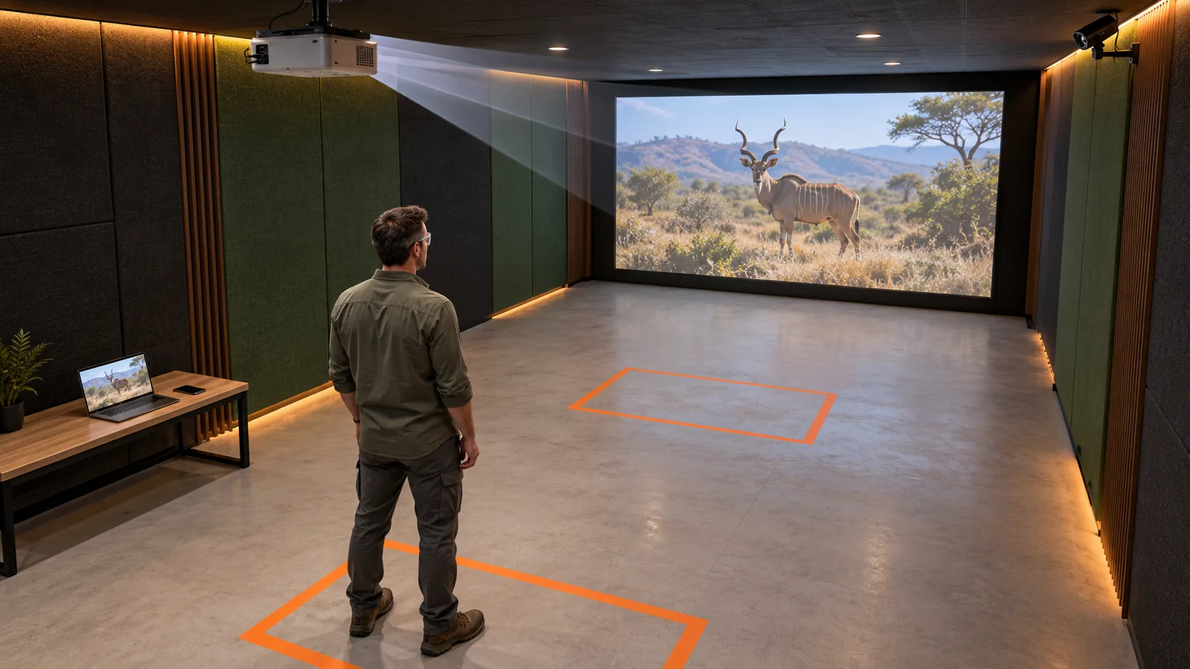 Illustrative indoor simulator room with a ceiling projector, corner camera, participant and a kudu hunting scene on the screen