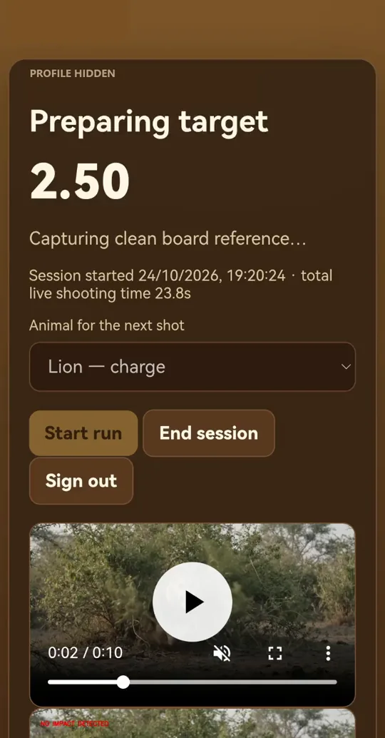 Recorded phone interface showing scenario choice, run controls and a hunting scene