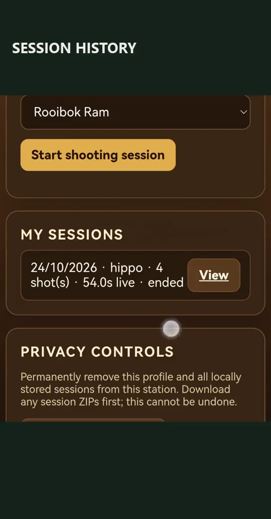 Recorded phone interface showing a saved shooting session and its View button
