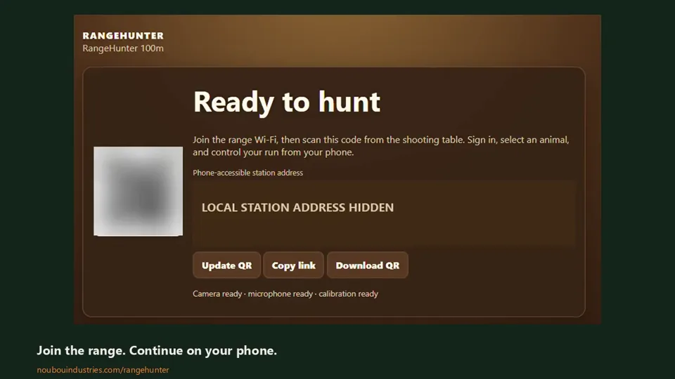 Recorded RangeHunter station join screen with the QR destination hidden